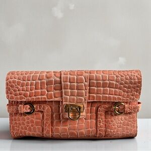 Lord & Taylor Coral Croc- Embossed Shoulder Bag Clutch Gold Accent Buckle New
